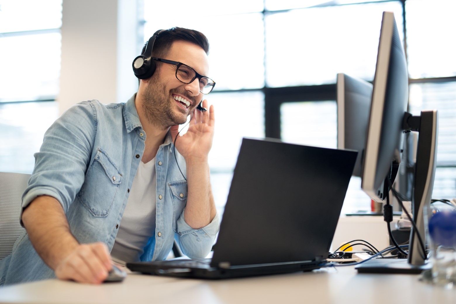 Young smiling male call center